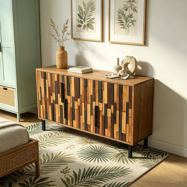 English Elm 47.24 Ash Wood Grain Sideboard with Iron Legs Geometric Doors for Dining Living Room W3040P501333