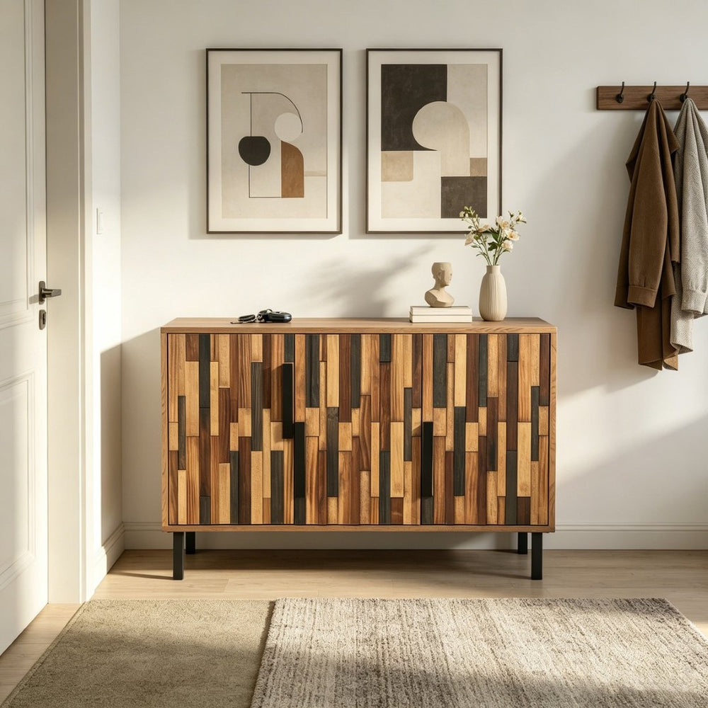 English Elm 47.24 Ash Wood Grain Sideboard with Iron Legs Geometric Doors for Dining Living Room W3040P501333