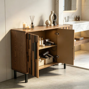 English Elm 47.24 Ash Wood Grain Sideboard with Iron Legs Geometric Doors for Dining Living Room W3040P501333