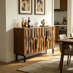 English Elm 47.24 Ash Wood Grain Sideboard with Iron Legs Geometric Doors for Dining Living Room W3040P501333