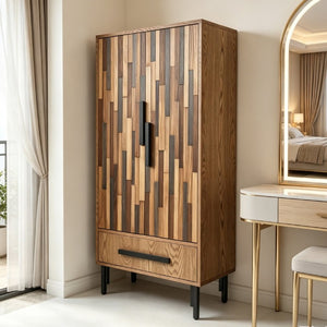 English Elm 60 Inch Tall Storage Cabinet Ash Wood Grain Geometric Doors Iron Legs Living Room W3040P504631