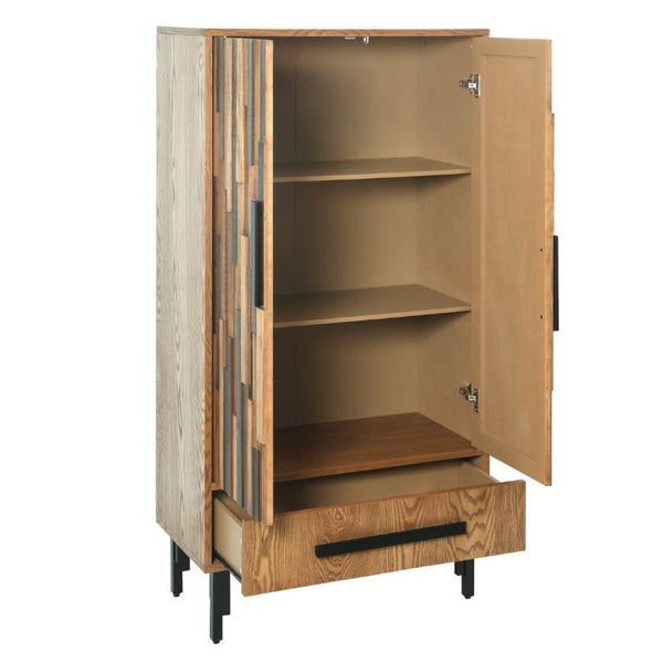 English Elm 60 Inch Tall Storage Cabinet Ash Wood Grain Geometric Doors Iron Legs Living Room W3040P504631