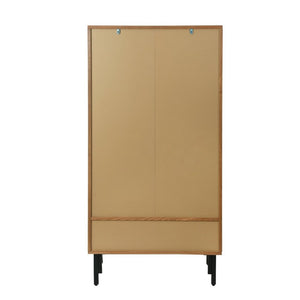 English Elm 60 Inch Tall Storage Cabinet Ash Wood Grain Geometric Doors Iron Legs Living Room W3040P504631