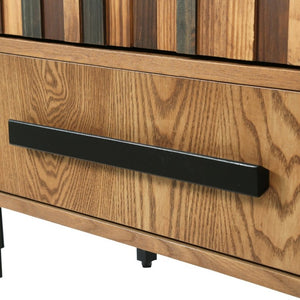 English Elm 60 Inch Tall Storage Cabinet Ash Wood Grain Geometric Doors Iron Legs Living Room W3040P504631