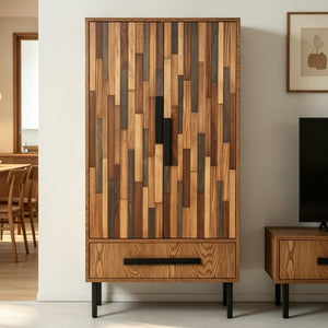 English Elm 60 Inch Tall Storage Cabinet Ash Wood Grain Geometric Doors Iron Legs Living Room W3040P504631