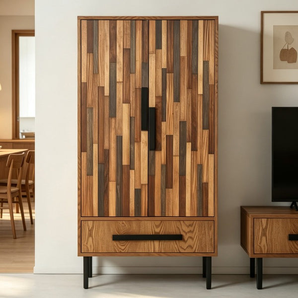 English Elm 60 Inch Tall Storage Cabinet Ash Wood Grain Geometric Doors Iron Legs Living Room W3040P504631