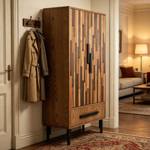 English Elm 60 Inch Tall Storage Cabinet Ash Wood Grain Geometric Doors Iron Legs Living Room W3040P504631