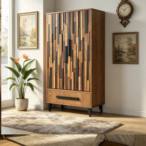 English Elm 60 Inch Tall Storage Cabinet Ash Wood Grain Geometric Doors Iron Legs Living Room W3040P504631