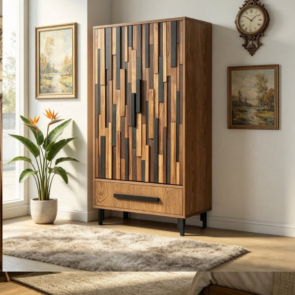 English Elm 60 Inch Tall Storage Cabinet Ash Wood Grain Geometric Doors Iron Legs Living Room W3040P504631