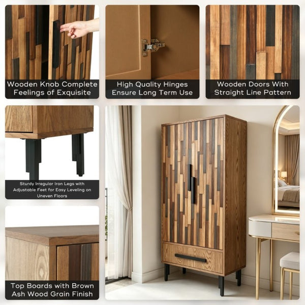 English Elm 60 Inch Tall Storage Cabinet Ash Wood Grain Geometric Doors Iron Legs Living Room W3040P504631