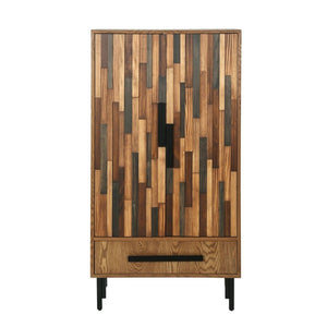 English Elm 60 Inch Tall Storage Cabinet Ash Wood Grain Geometric Doors Iron Legs Living Room W3040P504631