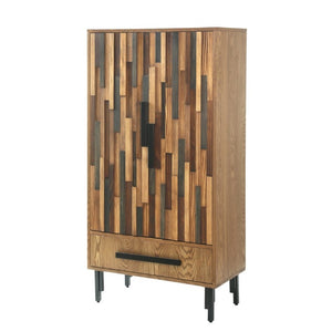 English Elm 60 Inch Tall Storage Cabinet Ash Wood Grain Geometric Doors Iron Legs Living Room W3040P504631
