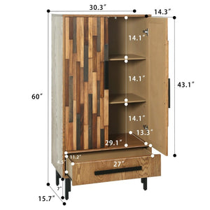 English Elm 60 Inch Tall Storage Cabinet Ash Wood Grain Geometric Doors Iron Legs Living Room W3040P504631