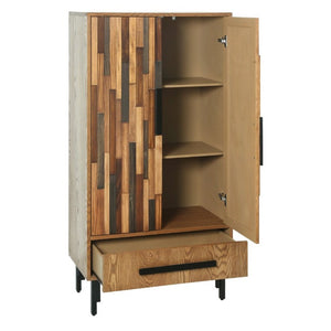 English Elm 60 Inch Tall Storage Cabinet Ash Wood Grain Geometric Doors Iron Legs Living Room W3040P504631