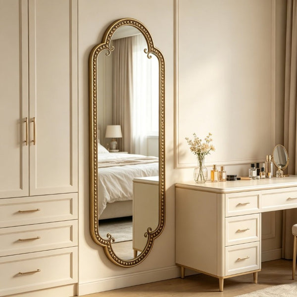 English Elm Scalloped Oval Cast Iron Mirror Antique Gold Beaded Frame Ornate Vintage Wall Accent W3040P510036
