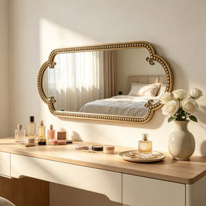 English Elm Scalloped Oval Cast Iron Mirror Antique Gold Beaded Frame Ornate Vintage Wall Accent W3040P510036
