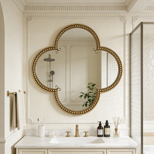 English Elm Quatrefoil Beaded Metal Wall Mirror Antique Gold Ornate Frame for Glam Entryway Decor W3040P510209