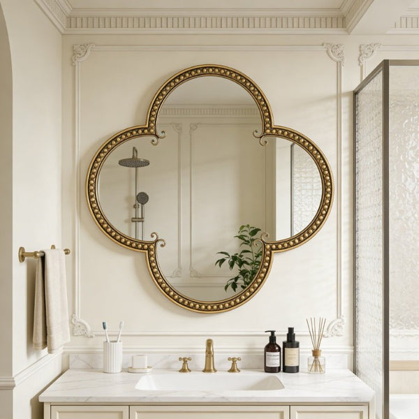 English Elm Quatrefoil Beaded Metal Wall Mirror Antique Gold Ornate Frame for Glam Entryway Decor W3040P510209