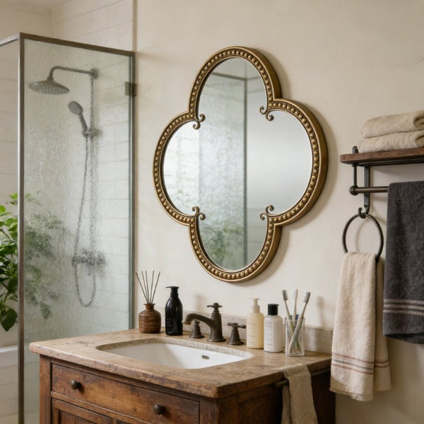 English Elm Quatrefoil Beaded Metal Wall Mirror Antique Gold Ornate Frame for Glam Entryway Decor W3040P510209