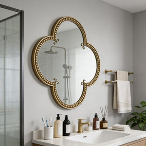 English Elm Quatrefoil Beaded Metal Wall Mirror Antique Gold Ornate Frame for Glam Entryway Decor W3040P510209
