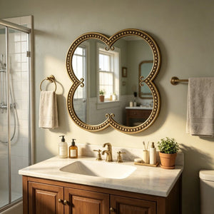 English Elm Quatrefoil Beaded Metal Wall Mirror Antique Gold Ornate Frame for Glam Entryway Decor W3040P510209