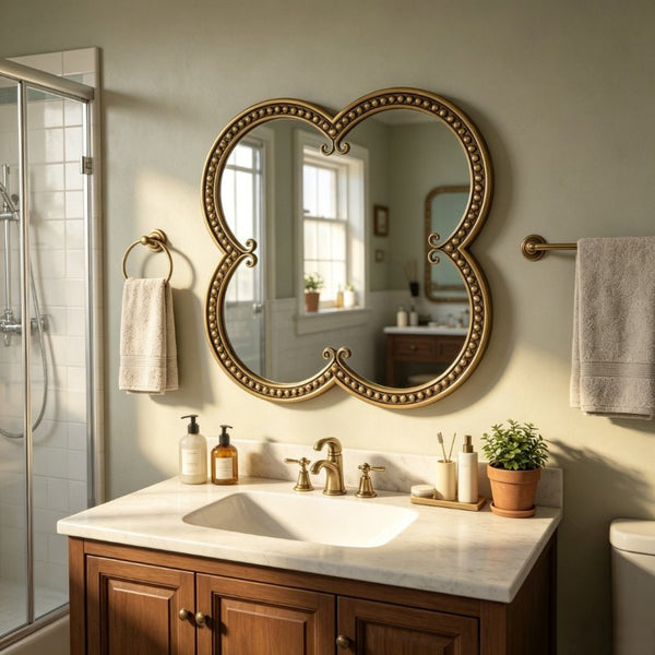 English Elm Quatrefoil Beaded Metal Wall Mirror Antique Gold Ornate Frame for Glam Entryway Decor W3040P510209
