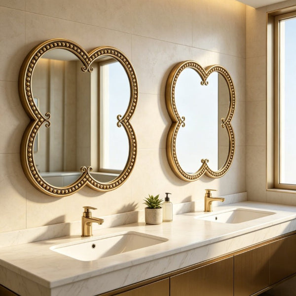 English Elm Quatrefoil Beaded Metal Wall Mirror Antique Gold Ornate Frame for Glam Entryway Decor W3040P510209