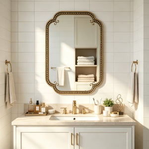 English Elm Wall Mirror Gold Beaded Metal Frame Scalloped Rectangular Vanity Accent Decor W3040P510223