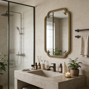 English Elm Wall Mirror Gold Beaded Metal Frame Scalloped Rectangular Vanity Accent Decor W3040P510223