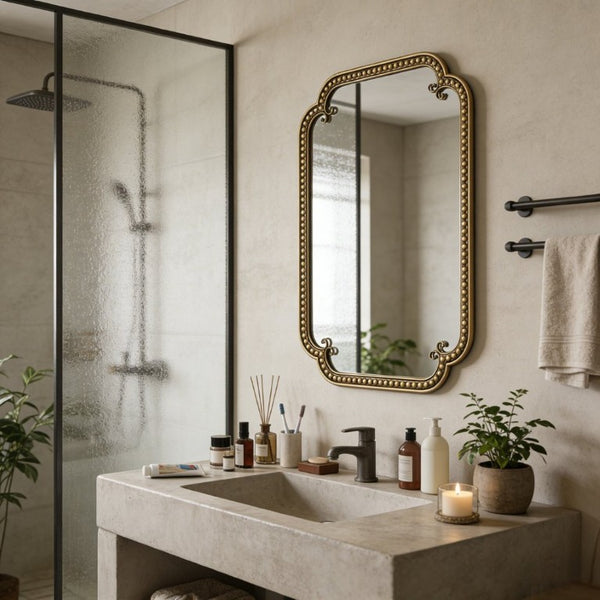 English Elm Wall Mirror Gold Beaded Metal Frame Scalloped Rectangular Vanity Accent Decor W3040P510223