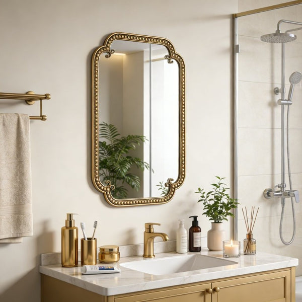English Elm Wall Mirror Gold Beaded Metal Frame Scalloped Rectangular Vanity Accent Decor W3040P510223