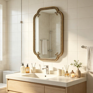 English Elm Wall Mirror Gold Beaded Metal Frame Scalloped Rectangular Vanity Accent Decor W3040P510223