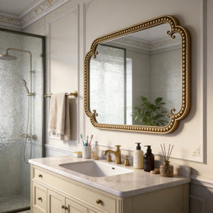 English Elm Wall Mirror Gold Beaded Metal Frame Scalloped Rectangular Vanity Accent Decor W3040P510223