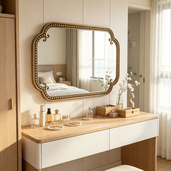 English Elm Wall Mirror Gold Beaded Metal Frame Scalloped Rectangular Vanity Accent Decor W3040P510223