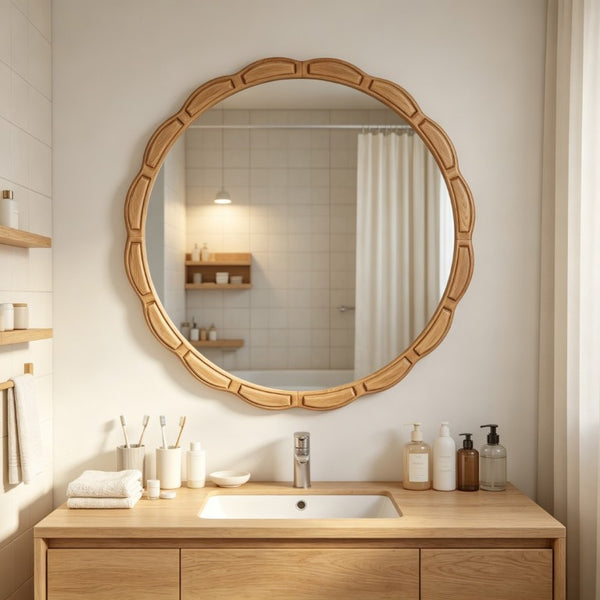 English Elm Round Hand-Carved Solid Wood Wall Mirror Rustic Bohemian Farmhouse Accent Piece Antique Natural W3040P510242
