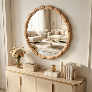English Elm Round Hand-Carved Solid Wood Wall Mirror Rustic Bohemian Farmhouse Accent Piece Antique Natural W3040P510242