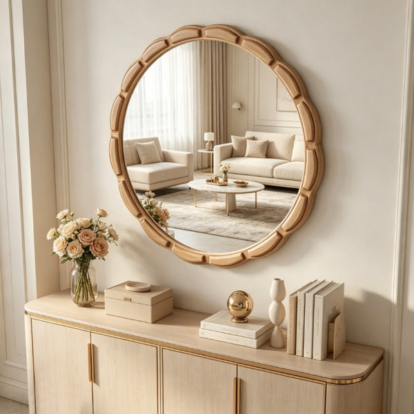 English Elm Round Hand-Carved Solid Wood Wall Mirror Rustic Bohemian Farmhouse Accent Piece Antique Natural W3040P510242