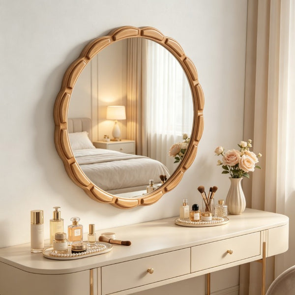 English Elm Round Hand-Carved Solid Wood Wall Mirror Rustic Bohemian Farmhouse Accent Piece Antique Natural W3040P510242