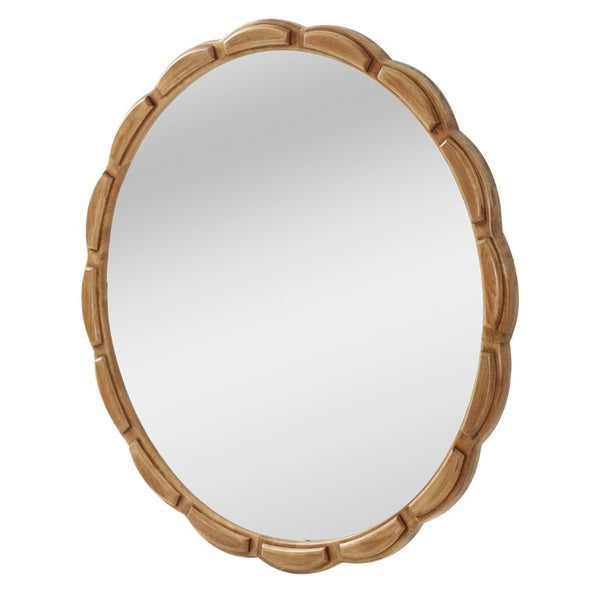English Elm Round Hand-Carved Solid Wood Wall Mirror Rustic Bohemian Farmhouse Accent Piece Antique Natural W3040P510242