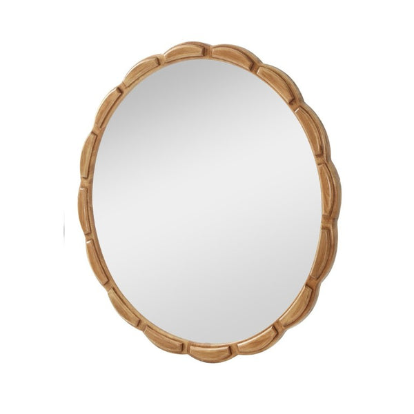 English Elm Round Hand-Carved Solid Wood Wall Mirror Rustic Bohemian Farmhouse Accent Piece Antique Natural W3040P510242