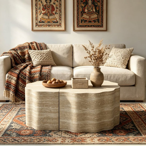 English Elm Round Nesting Coffee Table Set of 2 Warm Beige MDF Wood Modern Living Room Accent W3040P510477