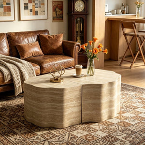 English Elm Round Nesting Coffee Table Set of 2 Warm Beige MDF Wood Modern Living Room Accent W3040P510477