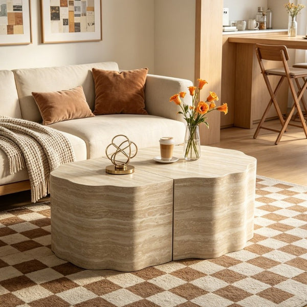 English Elm Round Nesting Coffee Table Set of 2 Warm Beige MDF Wood Modern Living Room Accent W3040P510477