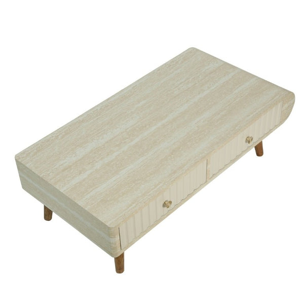 English Elm Coffee Table Faux Marble Top Fluted Drawer Solid Wood Legs Mid Century Living Room W3040P510483