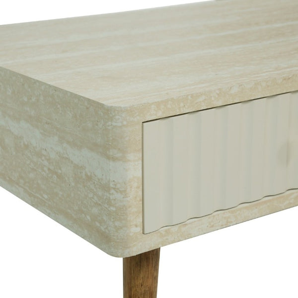 English Elm Coffee Table Faux Marble Top Fluted Drawer Solid Wood Legs Mid Century Living Room W3040P510483