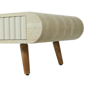 English Elm Coffee Table Faux Marble Top Fluted Drawer Solid Wood Legs Mid Century Living Room W3040P510483