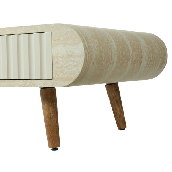 English Elm Coffee Table Faux Marble Top Fluted Drawer Solid Wood Legs Mid Century Living Room W3040P510483