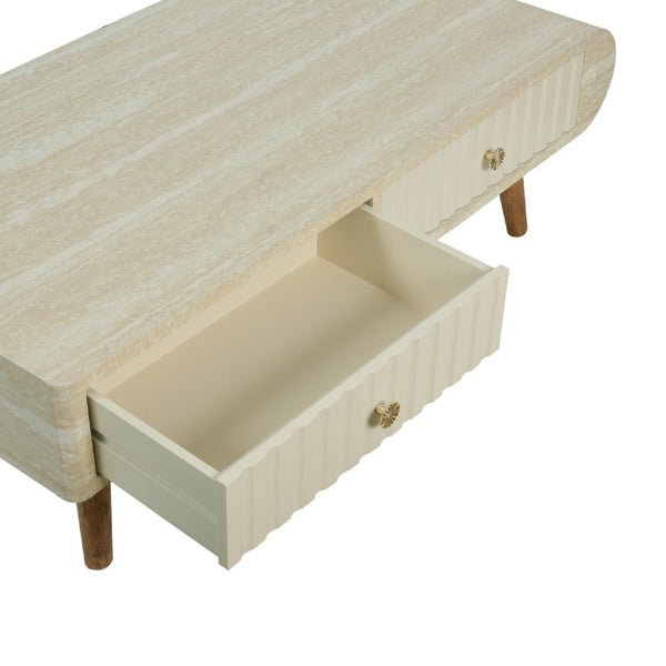 English Elm Coffee Table Faux Marble Top Fluted Drawer Solid Wood Legs Mid Century Living Room W3040P510483