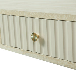 English Elm Coffee Table Faux Marble Top Fluted Drawer Solid Wood Legs Mid Century Living Room W3040P510483