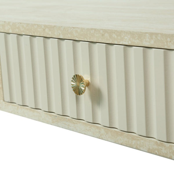 English Elm Coffee Table Faux Marble Top Fluted Drawer Solid Wood Legs Mid Century Living Room W3040P510483